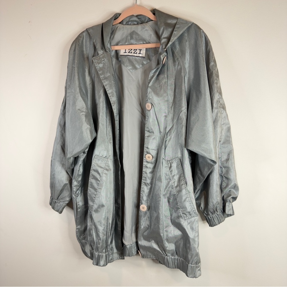 Vintage IZZI Silver Metallic Hooded Windbreaker Jacket - Women's Size Large - Picture 6 of 12